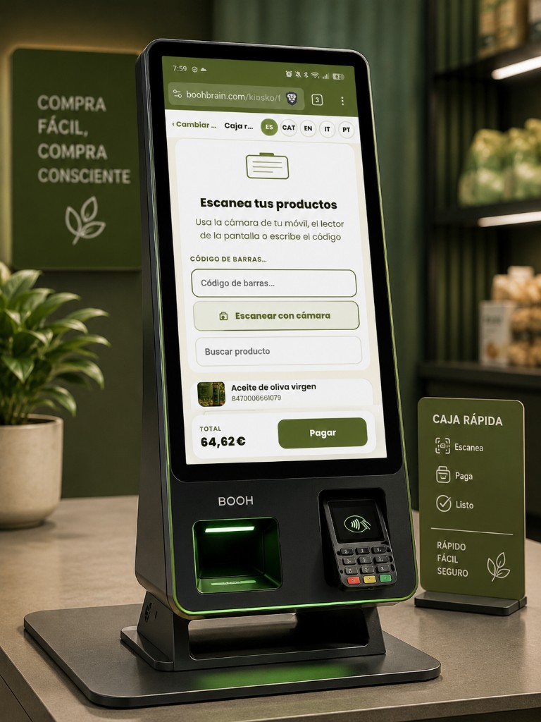 Terminal de caja rápida Booh Retail con self-checkout: escaneo, carrito y botón de pago en pantalla