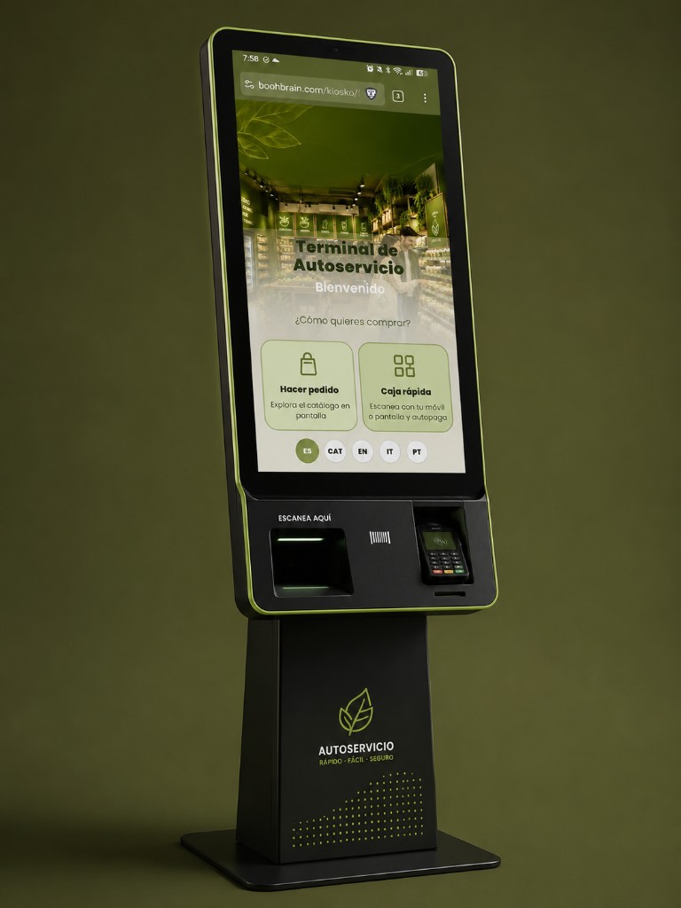 Kiosko de autoservicio Booh Retail con pantalla táctil, lector de código de barras y datáfono