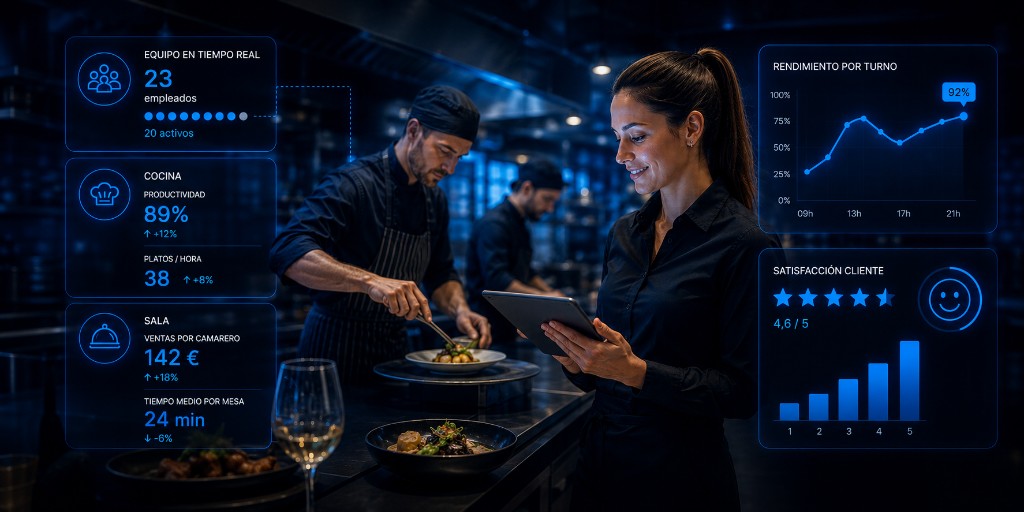 Equipo de restaurante con métricas de productividad y rendimiento en tiempo real