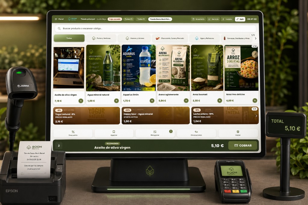 TPV retail Booh en mostrador con pantalla táctil, lector de código de barras, impresora de tickets y datáfono
